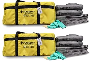 EARTHSAFE Set of 2 Flashdry Portable Complete Spill Kits with Yellow Duffle, Bag Tag, 15 Spill Absorbent Pads, 2 3"x4' Sorbent Socks, Disposal Bags, Nitrile Gloves