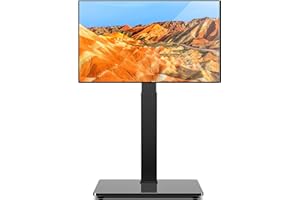 TAVR FURNITURE TAVR Universal Floor TV Stand Base for 32-75 Inch TVs up to 110 Lbs with Swivel Height Adjustable Mount, Black Tempered Glass Base for Media Storage and Space Saving