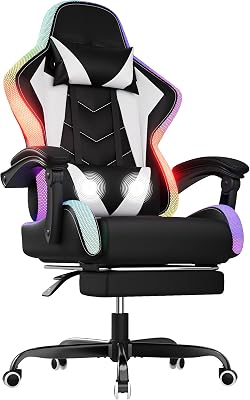 Gaming Stuhl mit led, Cool Racing Gamer Stuhl, Ergonomischer Bürostuhl mit Massagefunktion, Verstellbare Rückenlehne 90-135°, mit Teleskop Fußstütze, Gamingstuhl 150 kg belastbarkeit, Weiß