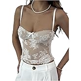WDIRARA Women's Lace Mesh Sheer Cami Tops Spaghetti Strap Ruffle Camisole Coquette Crop Tops