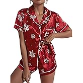 Miqil Women Christmas Satin Pajamas Set Cute Print Short Sleeve Button Down Shirt Shorts Xmas 2 Piece Holiday Pj Loungewear
