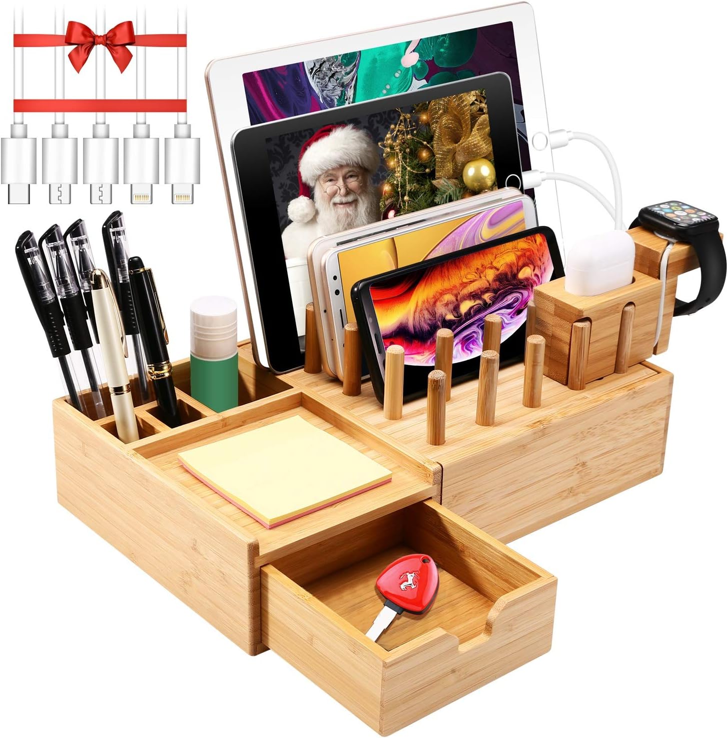 Darfoo Bamboo Charging Station Organizer for Multiple Devices with