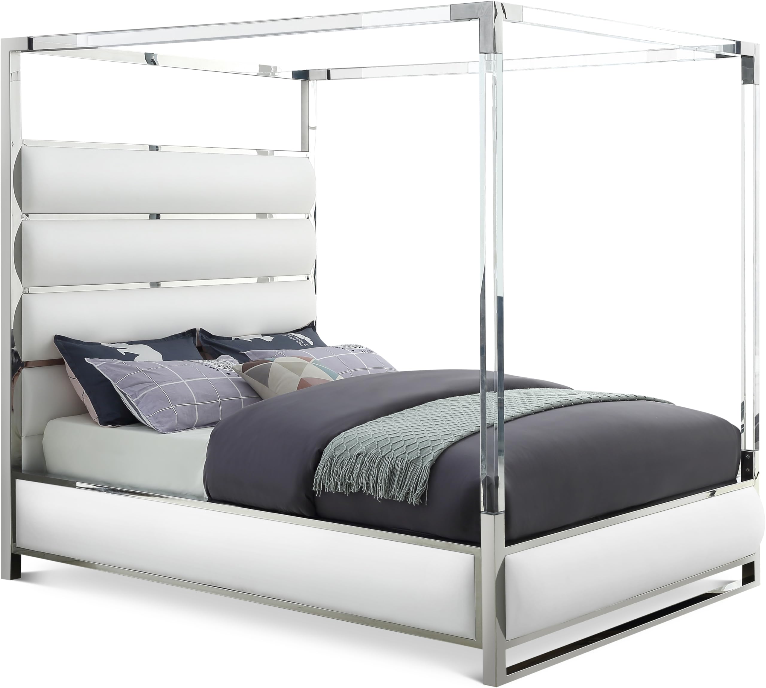 Photo 1 of ***see notes***Meridian Furniture Encore Collection Modern | Contemporary Faux Leather Upholstered, Acrylic and Chrome Canopy Bed, King, White