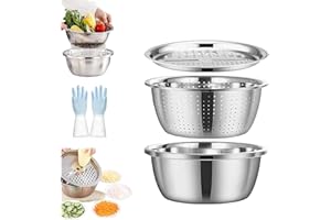 German Quality 3-in-1 Stainless Steel Grater Bowl, Multifunction Vegetable Slicer, Strainer and Drain Basket, Food Prep Mixin