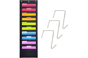 HIPPO CREATION Black Pocket Chart for Classroom - 10 Pocket Storage Rainbow Pocket Charts , 2 Over Door Hangers Included, Hanging Wall File Organizer for File Folders, School Mailbox, Home/Office Papers