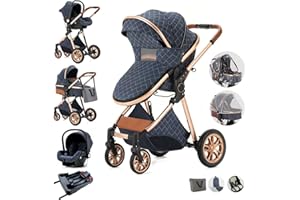 Kakbgee 5 in 1 Compact Baby Stroller with Removable Bassinet,Reversible Infant Newborn Pram Stroller with Bassinet,Foldable Toddler Stroller with Aluminum Frame,Recline Newborn Pram with Base,Blue