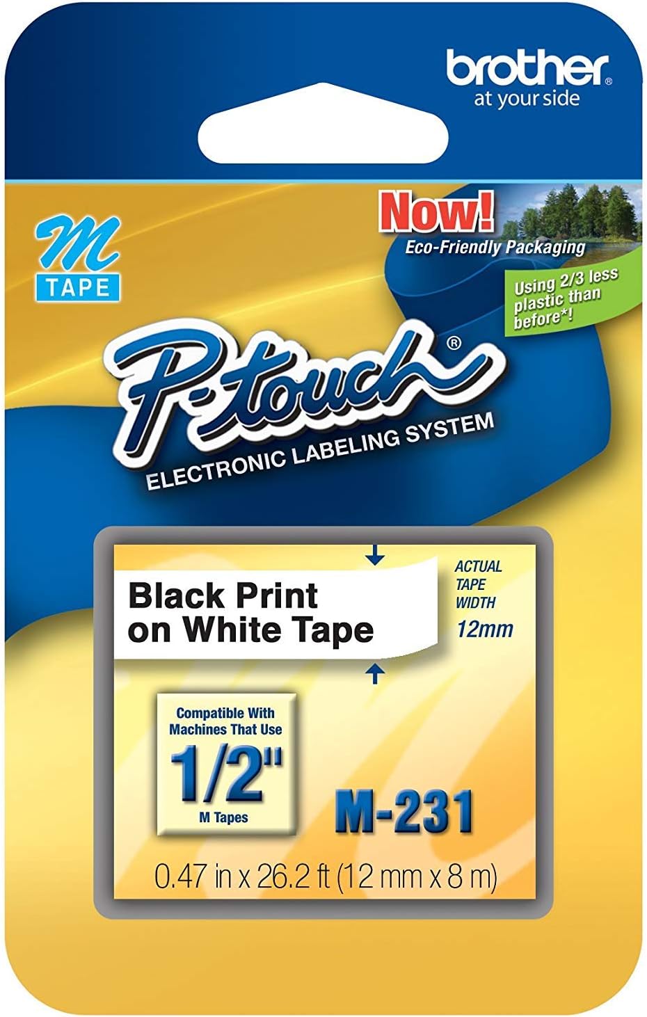 Genuine P-Touch M-231 Tape, 1/2" (0.47") Standard P-Touch Tape, Black on White, for Indoor Use, Water Resistant, 26.2 Feet (8M), 12 Pack