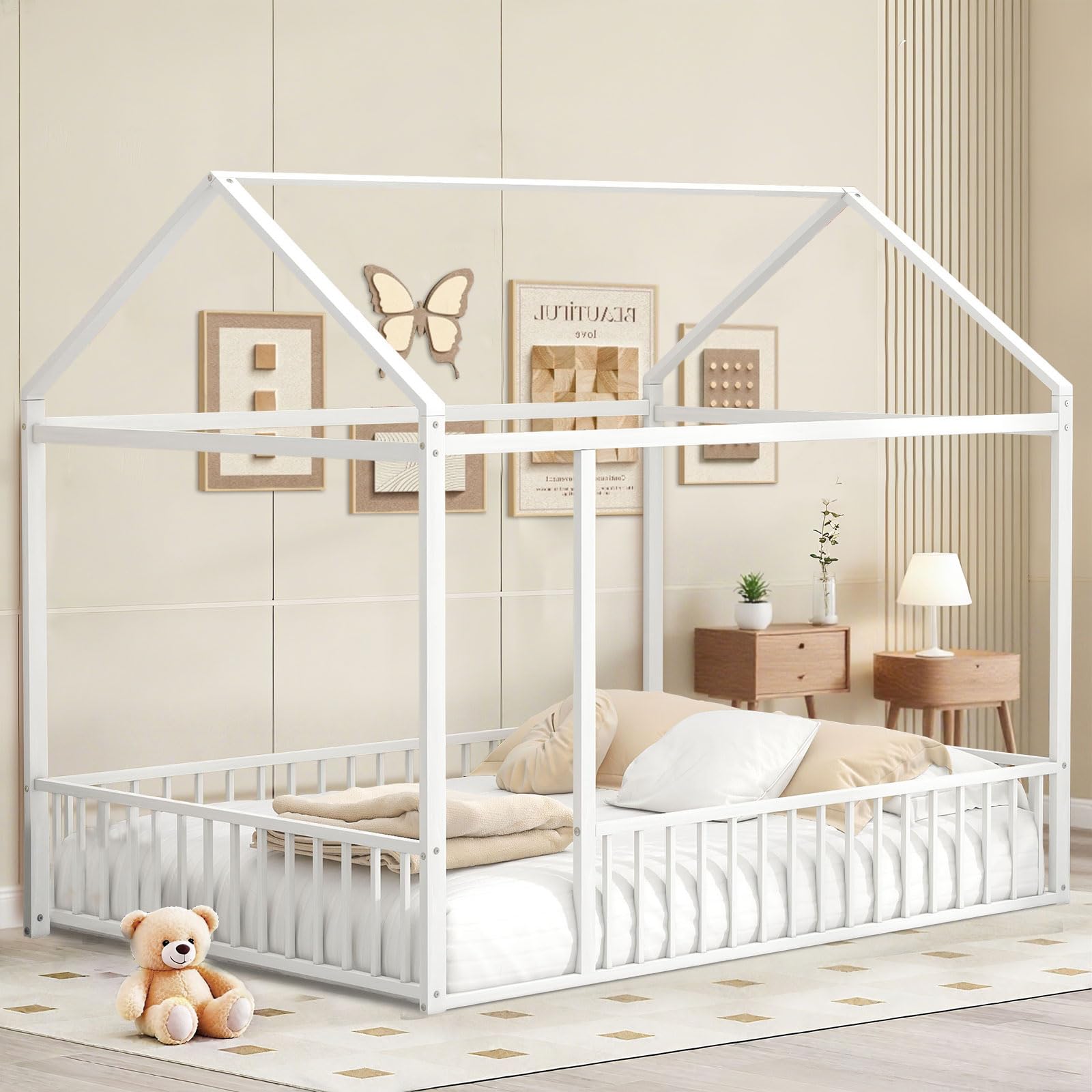 Photo 1 of ** USED/ MISSING PARTS *** Full Size House Bed Frame with Roof, Door & Fencel, Metal Roof Cabin Floor Bed, Semi-Enclosed Metal Montessori Floor Bed for Toddlers, Kids & Teens, Easy Assembly, No Box Spring Needed (White)