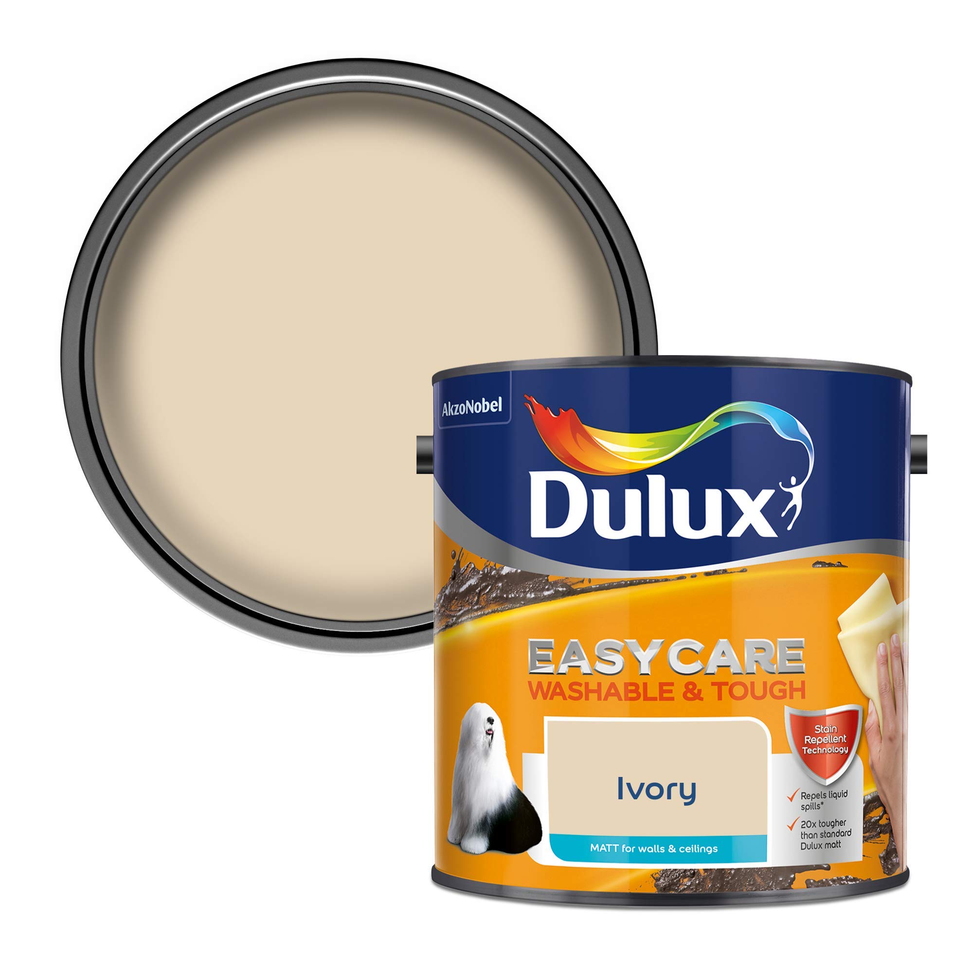 Dulux Easycare Washable and Tough Matt Emulsion Paint For Walls And Ceilings - Ivory 2.5 Litres