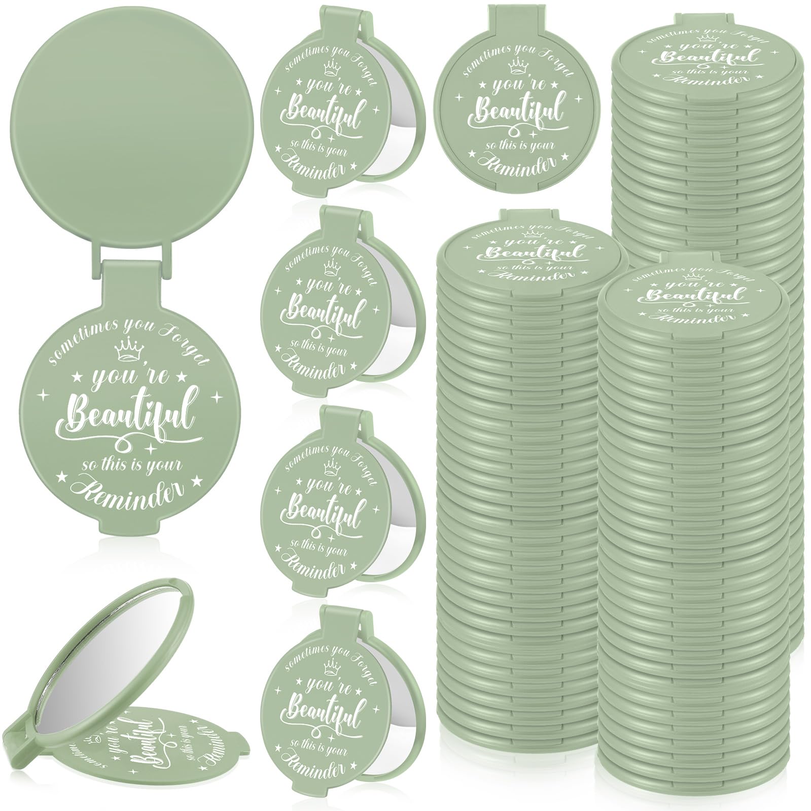 Photo 1 of Gulfmew 100 Pcs 2.76 Inch Inspirational Compact Mirror Bulk Party Favors Quinceanera Gift Purse Small Mirror Pocket Mini Gifts for Women Adult Coworker Halloween Christmas Friends (Sage Green)