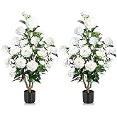 Hecaty Faux Outdoor Plants 2 Pcs - 39’’ Artificial Camellia Tree Potted with White Flowers, Artificial Plants Outdoor Porch Front Door Garden Indoor Office Home Wedding Spring Decor Housewarming