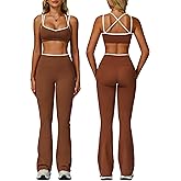 ABOCIW Workout Sets for Women 2 Piece Color Block Strappy Sports Bra High Waist Flare Leggings Gym Yoga Pilates Outfits