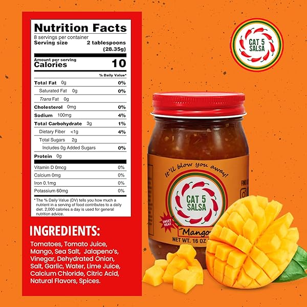 CAT 5 SALSA – MANGO CHILI SAUCE – GOURMET RECIPE WITH FRESH INGREDIENTS, ADDICTIVELY DELICIOUS SALSA FOR PARTIES, DIPS & SNACKS – 16 OZ, 1 JAR