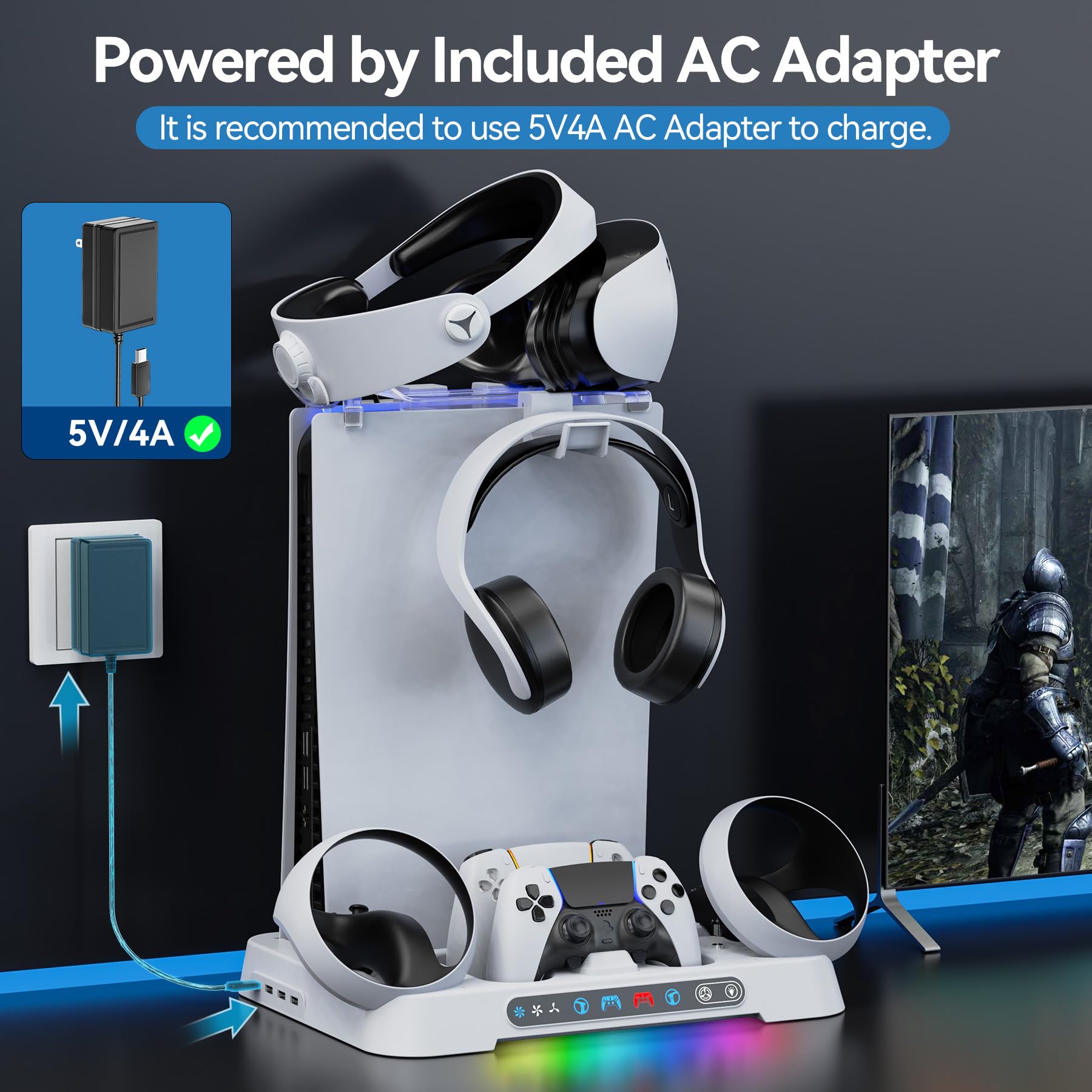 PS5/ Edge & PSVR 2 Controller Charging Station with AC Adapter and 3-Level Cooling Fan, RGB PS5 Cooling Station with PS5 & PS VR2 Controller Charger, PS5 Stand for PS5 Accessories Storage