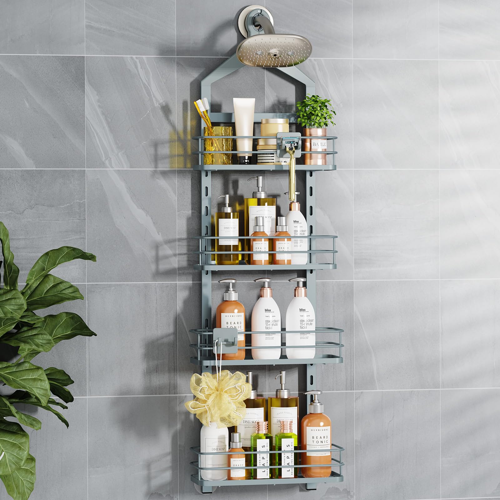 Photo 1 of ODesign 4 Tier Anti-Swing Hanging Shower Caddy - Height-Adjustable Over Shower Head or Door - Organizer Bathroom Shelves - Large Rack - Dark Grey