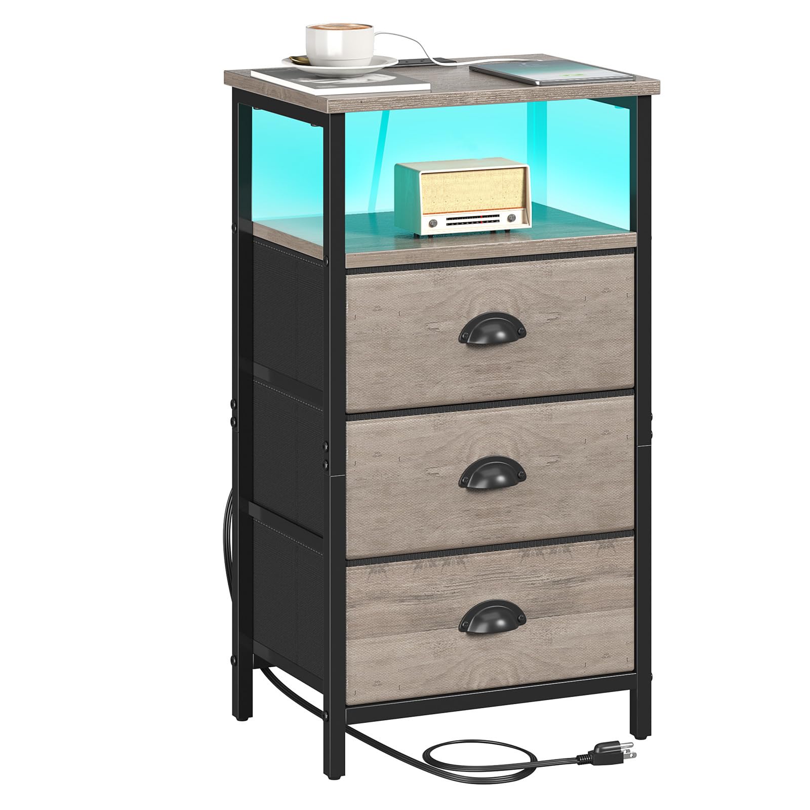 Photo 1 of sthmec Nightstand with Charging Station,LED Nightstand with 3 Fabric Drawers, Bedside End Tables, 2-Tier Open Storage Shelf, Side Table Nightstand with Drawers for Bedroom,Grey