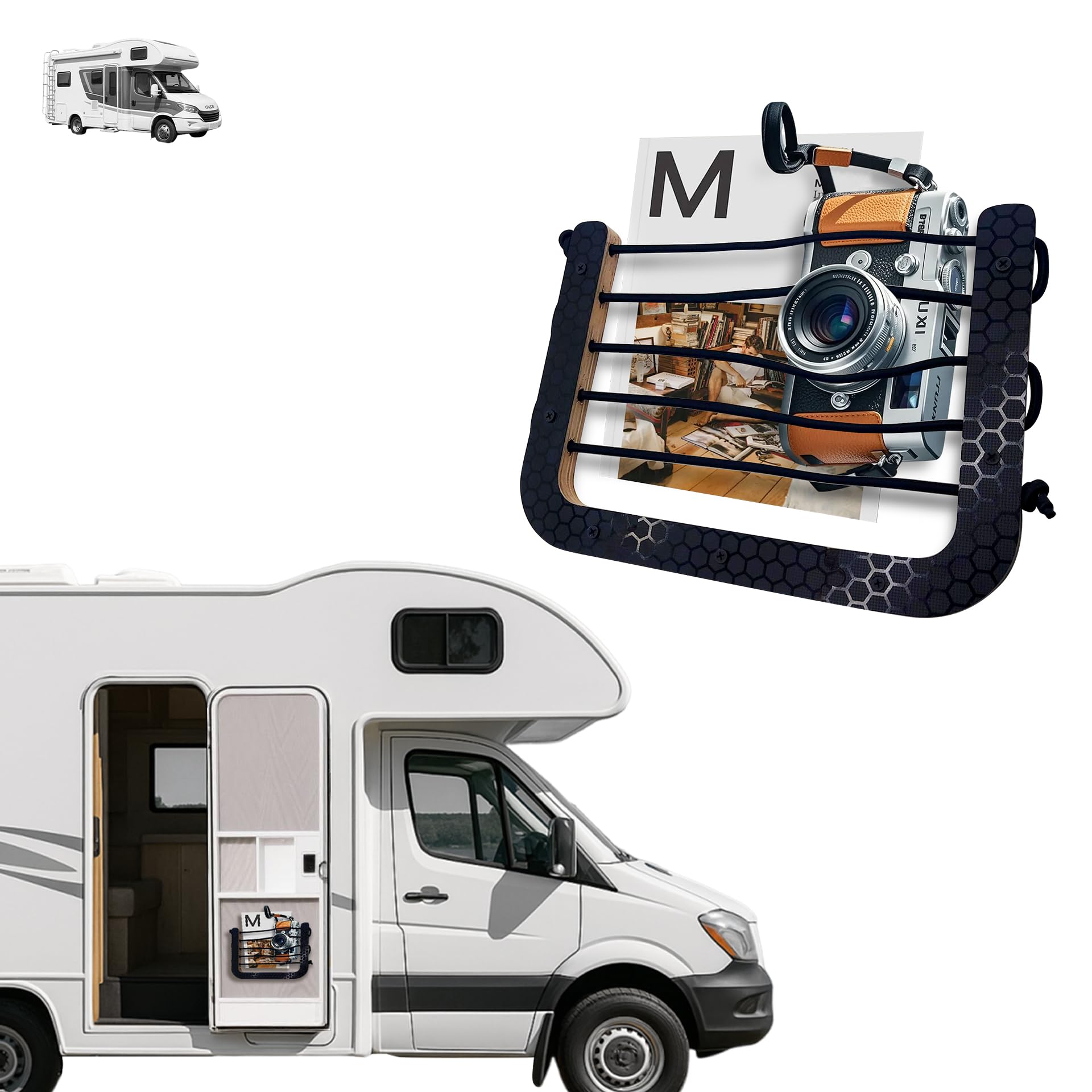 Photo 1 of Terapaton Campervan Bungee Storage Pouch – Elastic Cord Net Organizer with Wood Frame, RV Van Motorhome Interior Wall-Mounted Storage Solution