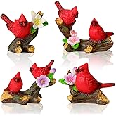 Pamonrueer 4 Pcs Miniature Cardinal Figurines Mini Red Cardinal Bird on Tree Branch with Flowers for Home Cake Decorating Party Supplies Birthday Gifts Fairy Garden Accessories