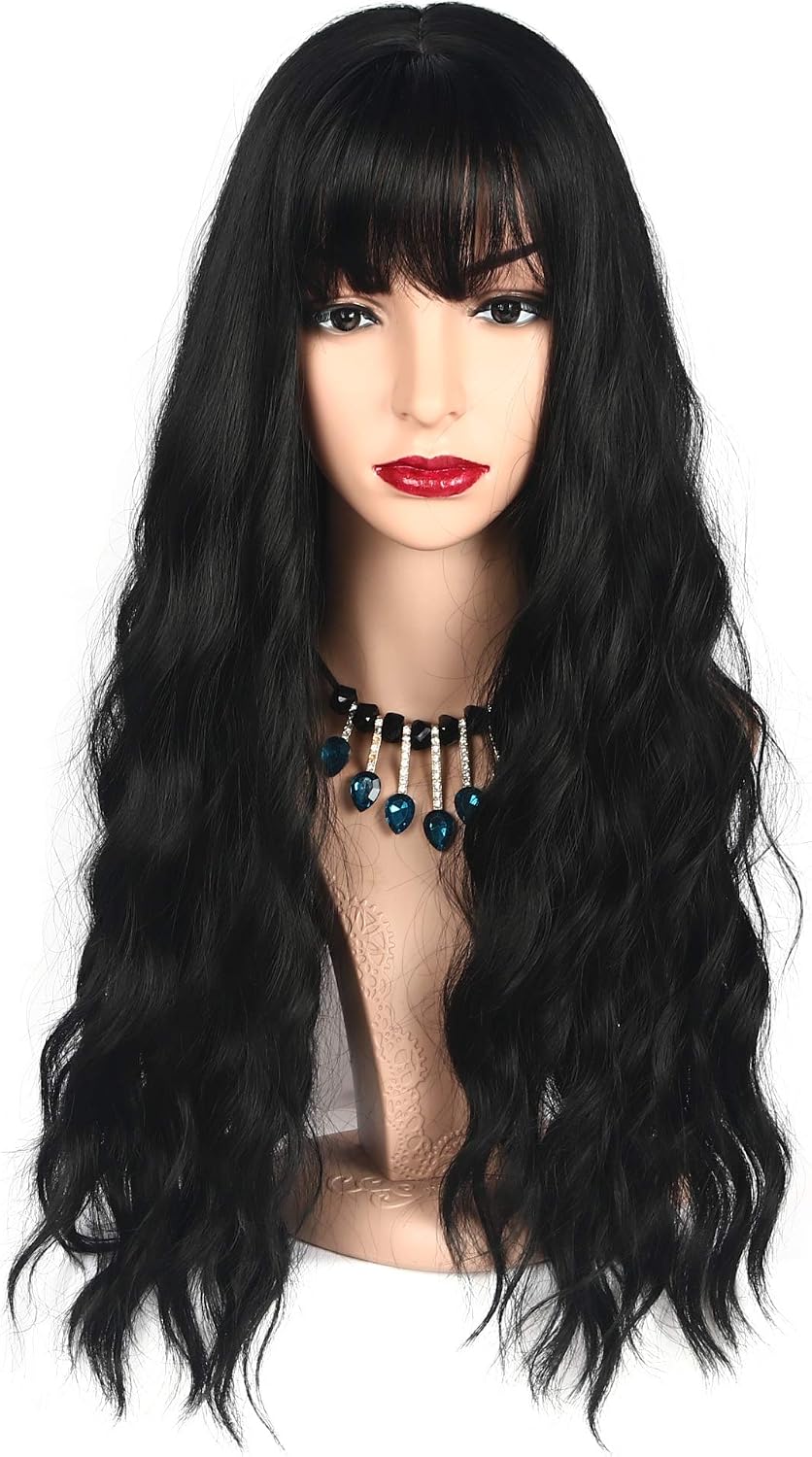 Chisu Synthetic Wigs With Bangs For Women Glueless Wigs Long Wavy Style Wig Middle Part 26inches Black Color