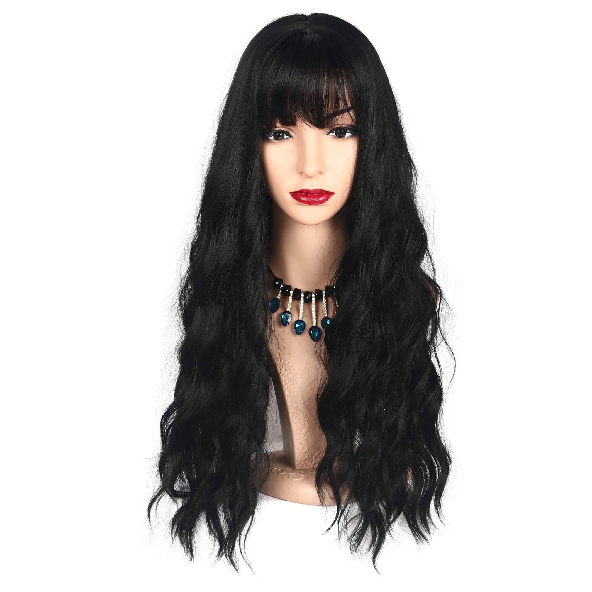Chisu Synthetic Wigs With Bangs For Women Glueless Wigs Long Wavy Style Wig Middle Part 26inches Black Color