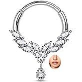 CM Crareesi Mania Butterfly Septum Ring, 16G Surgical Steel Dangle Septum Piercing Jewelry, Teardrop CZ Septum Clicker Ring, Daith Cartilage Helix Earring Hoop for Women