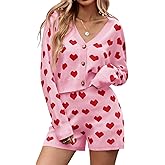 Tankaneo Womens Valentine's Day Sweater Sets Heart Knit Long Sleeve Cropped Cardigan and Shorts 2 Piece Outfits