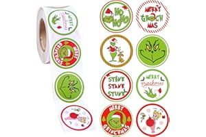 Adurself 500PCS Christmas Round Stickers, 8 Grin-ch Designs Roll Stickers Green Face Winter Holiday Envelope Adhesive Labels for Xmas Party Favors Gift Greeting Card Envelopes Decoration, 1.5 Inch