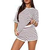 Yousify 2 Piece Sweater Set for Womens Summer Short Sleeve Tops Striped Matching Shorts Lounge Sets S-2XL