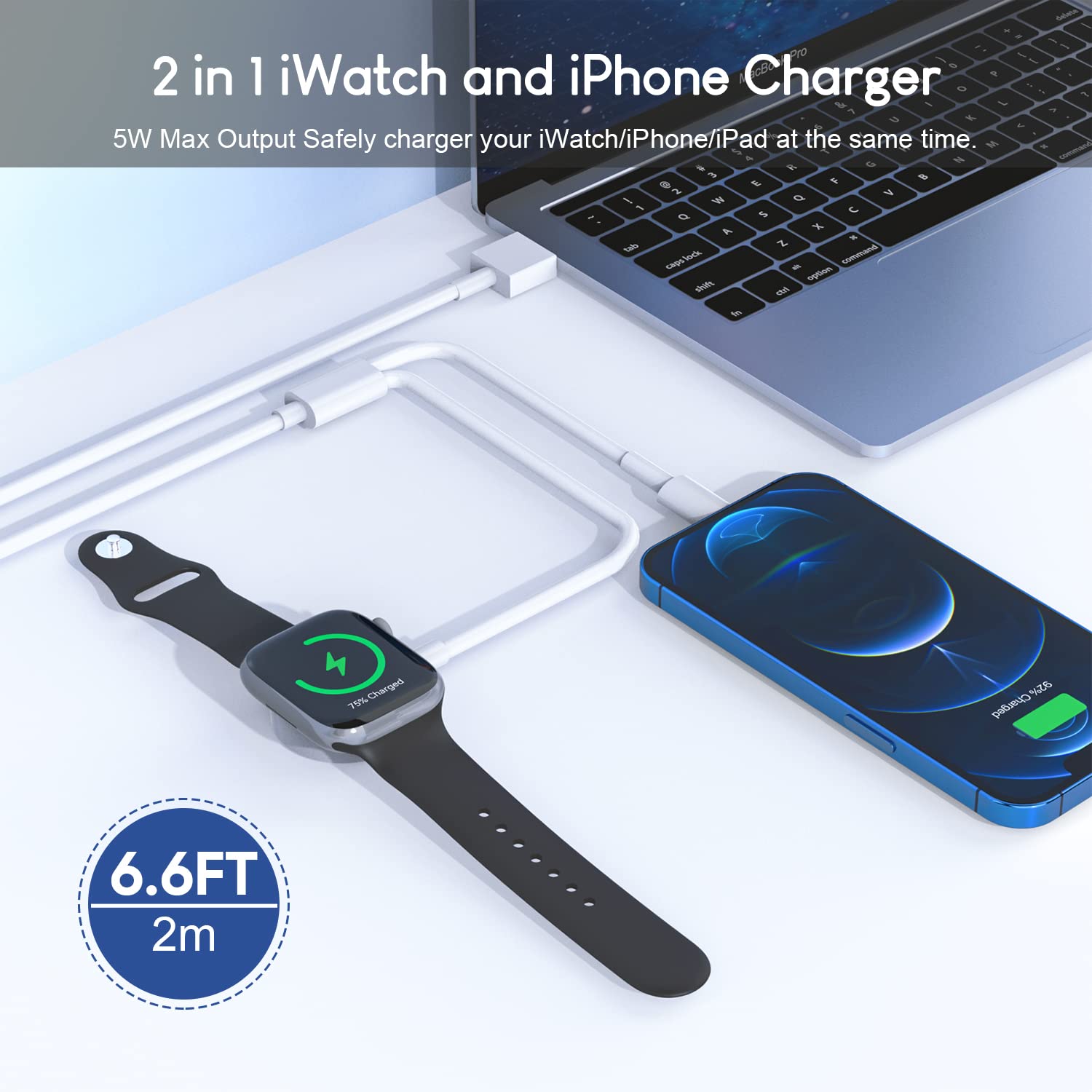 2 in 1 Apple Watch Charger,[MFi Certified] 6.6FT iWatch Charger iPhone Charging Cable with USB Wall Charger Travel Plug Adapter Charger for Apple Watch Series 8/7/6/5/4/3/SE & iPhone 14/13/12/11/X/XR