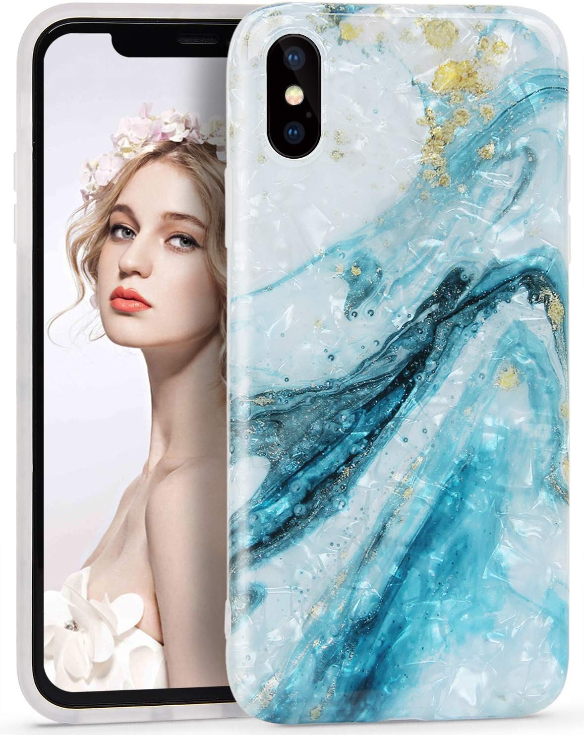 Imikoko iPhone X Case, iPhone Xs Phone Case Shiny Blue Marble Design Slim Thin Anti-Scratch Shock Absorption Cover Glossy Flexible Clear TPU Bumper Soft Diamond Shell For iPhone Xs/X (5.8 Inch)