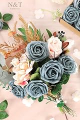 N&T NIETING Artificial Roses 25Pcs Real Touch Foam Rose with Stem Dusty Green view 5