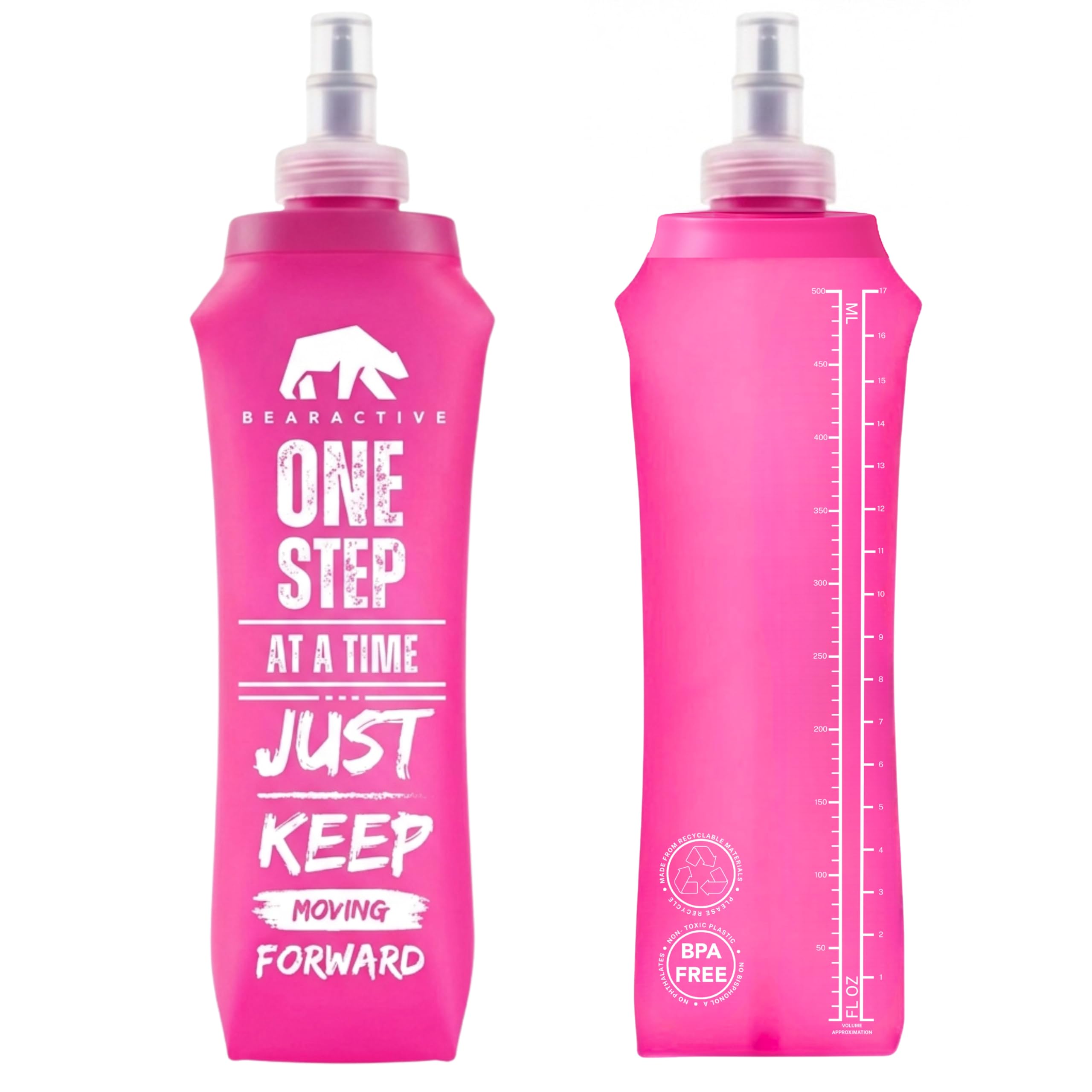 Bearactive Lightweight Running Water Bottle Soft Flask 500ml - TPU BPA Free Plastic, Leak Proof Foldable Water Bottle, Collapsible Bottle for Running Vests & Belts (Pink 1 x Soft Flask)