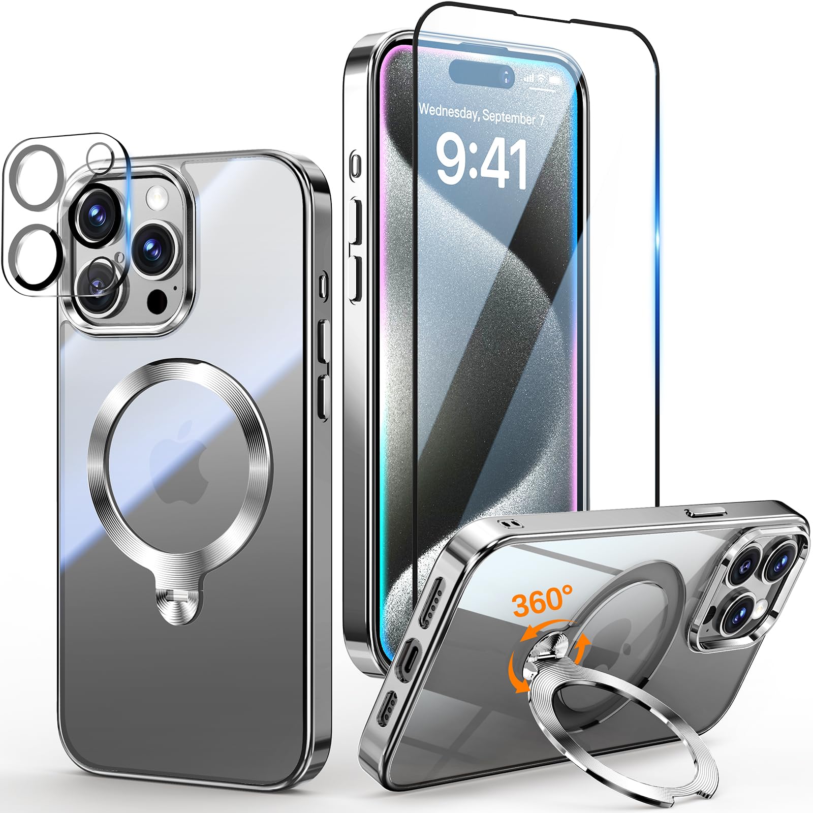 Photo 1 of [Tri-Shield Protection] for iPhone 15 Pro Case with 360° Spin Stand Compatible with MagSafe [Magnetic CD Ring][Screen & Camera Lens Protector] Shockproof Plating Never-Yellowing, Natural Titanium-6.1"