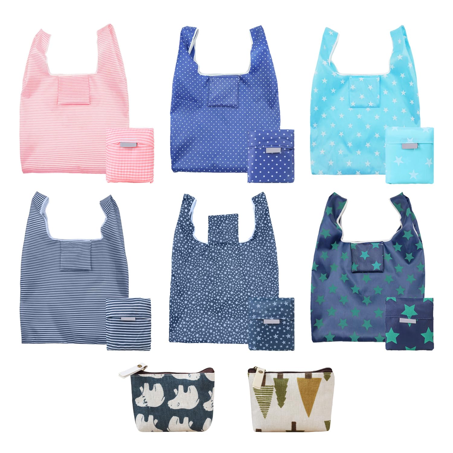 TYGFRT 6 Foldable Bags & 2 Coin Purses: Reusable, Carry & Store Easily, Perfect for Outdoors & Going Out