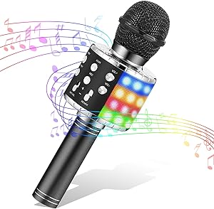LET'S GO! Karaoke Microphone for Kids, Gifts for Boys Ages 6-12 Wireless Bluetooth Karaoke Mic with LED Lights Toys for 3-12 Year Old Boys Microphone Christmas Birthday Home Party (Black)
