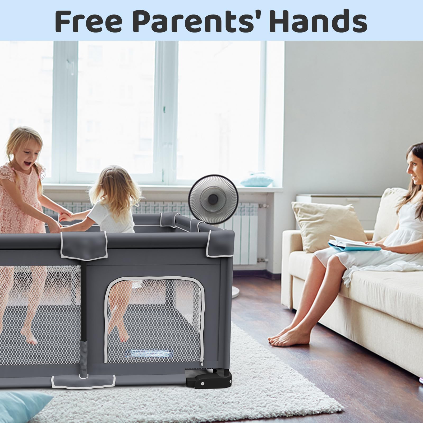 Grobeybees Foldable Baby Playpen with Mat, Foldable Playpen for Babies and Toddlers, Folding Portable Kids Play Pen, Collapsible Play Yard with 2 Handles + Suitable Size Mat(Grey, 50x50 inches)