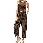 Fnortc Plaid 2 Piece Sets for Women Summer Matching Wide Leg Crop Pants Outfit Casual Beach Lounge Set