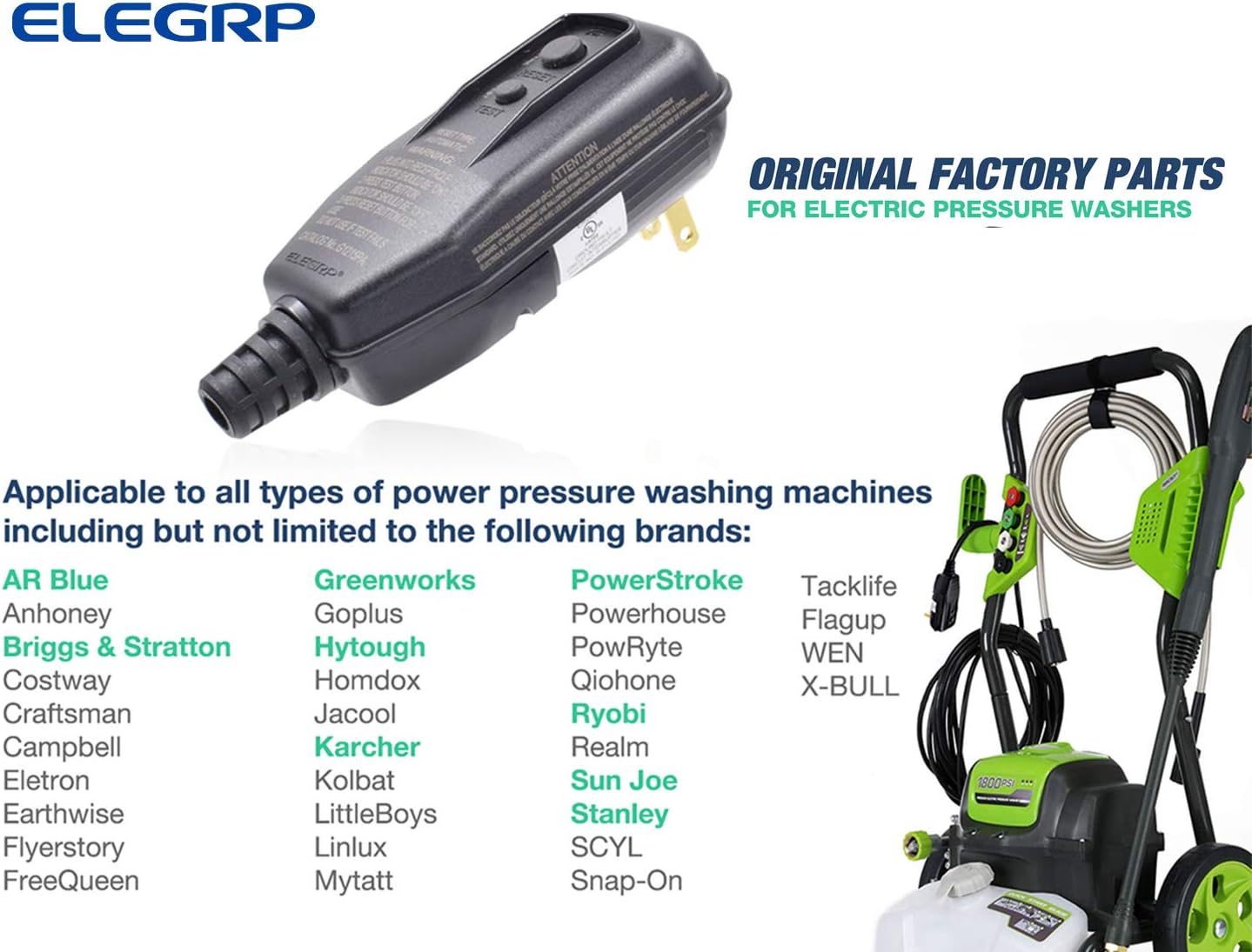 ELEGRP G1215PA2 Auto Reset GFCI Replacement Plug Assembly 15 Amp 2 Wires 2-Prongs NEMA 1-15P Non-Grounding for Power Pressure Washer, Pool Pump and More, UL Listed (1 Pack, Black) - - 