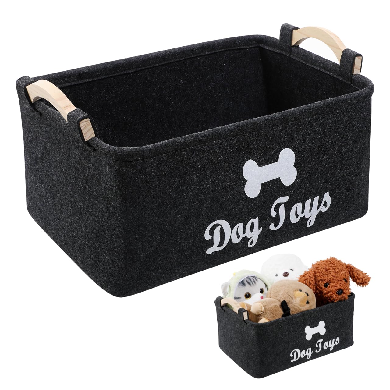UKCOCO Dog Toy Storage Box, Foldable Rectangular Black Felt Container With Wood Handles, Organizer for Pet Toys, Blankets, Leashes