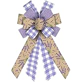 ABTOLS Large Spring Bows for Wreath, Purple White Buffalo Plaid Wreath Bows Idyllic Bows for Front Door, Spring Lavender Floral Burlap Ornament Tree Topper Bows for Spring Indoor Outdoor Decor