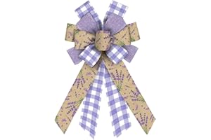 ABTOLS Large Spring Bows for Wreath, Purple White Buffalo Plaid Wreath Bows Idyllic Bows for Front Door, Spring Lavender Floral Burlap Ornament Tree Topper Bows for Spring Indoor Outdoor Decor