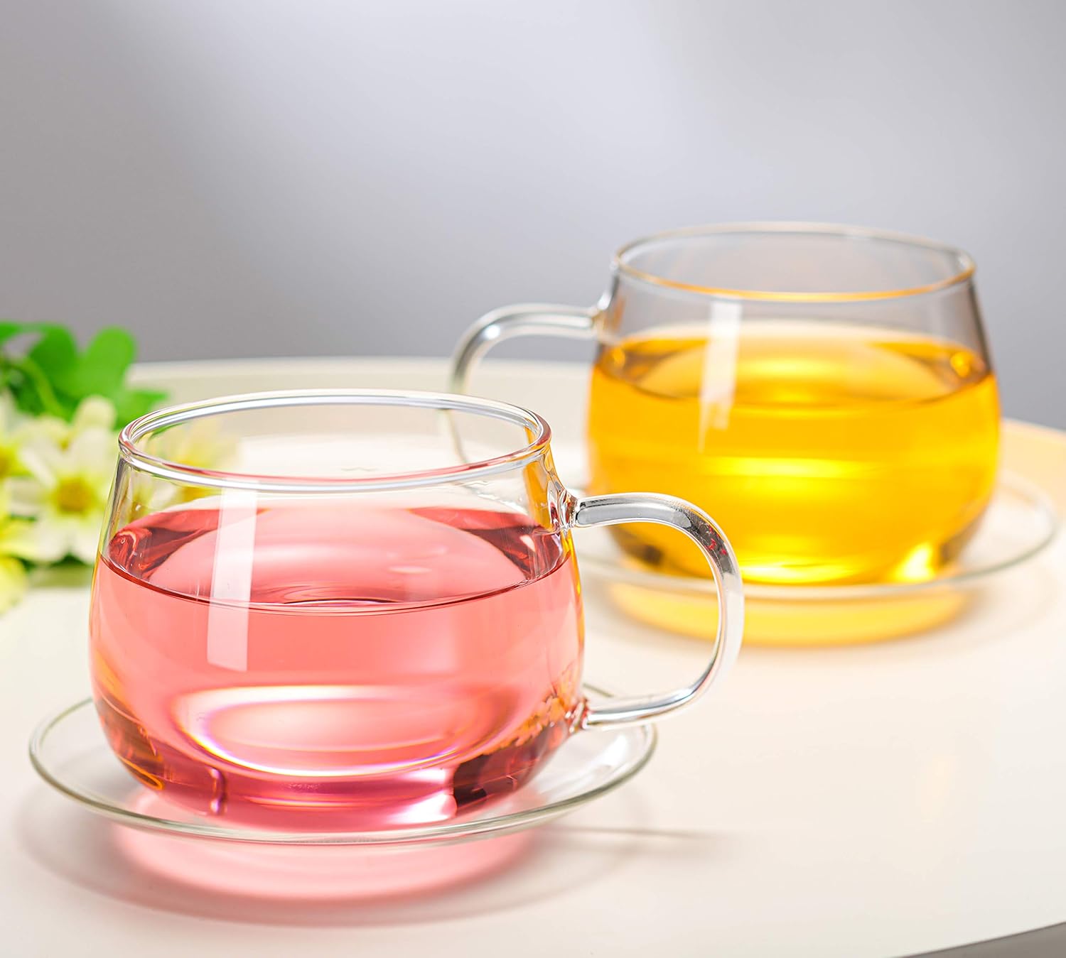 8.7 OZ Clear and Lightweight Glass Tea Cups and Saucers Set GTCS01 4 Large Coffee Cup Jusalpha