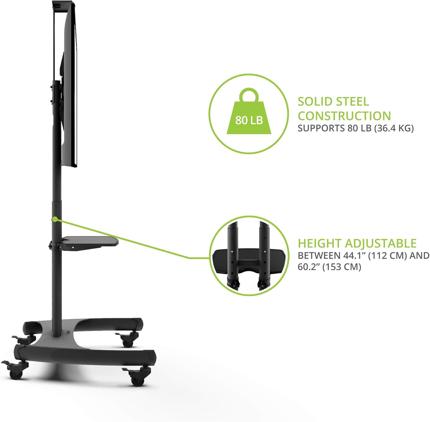Kanto MTM65PL Height Adjustable Mobile TV Stand with Adjustable Shelf for 37-inch to 65-inch TVs | Supports up to 80 lb Total | Integrated Cable Management |: Home Audio & Theater