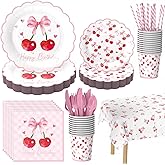 Cherry Birthday Decorations Tableware,193 Pcs Bow Cherries Fruit Themed Decorations Include Plates,Napkins,Cups,Suitable for Birthday,Baby Shower,Fruit Themed Party,Camping and Picnicking ,Serves 24