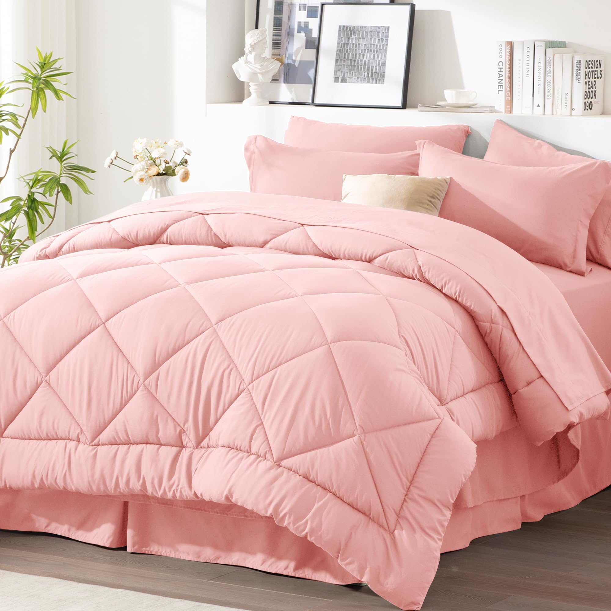 Newspin Queen Comforter Set Pink - Bed in a Bag Queen Size 8 Pieces, All Season Bed Set, Fluffy Comforter Set with Sheets, Sheet Set Quilt Blanket, Pillowcases & Shams & Bed Skirt Image