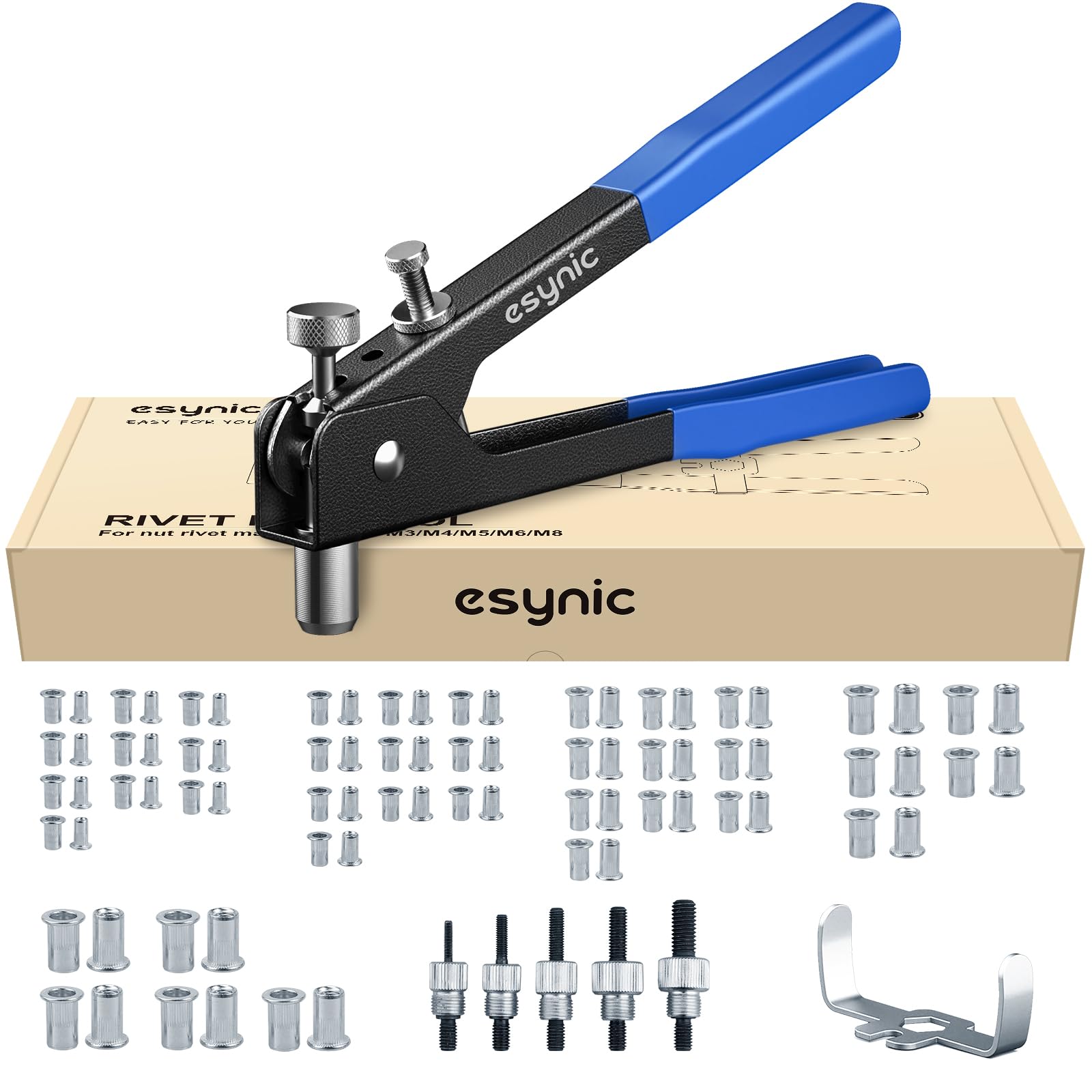 eSynic Rivnut Tool Kit 10 Inch Rivet Nut Gun Set Hand Nut Riveter Steel Heavy Duty Riv Nut Gun With 5Pcs Mandrels & 80Pcs Threaded Rivnuts Metric M3 M4 M5 M6 M8 Perfect for Metalwork, Repairs etc