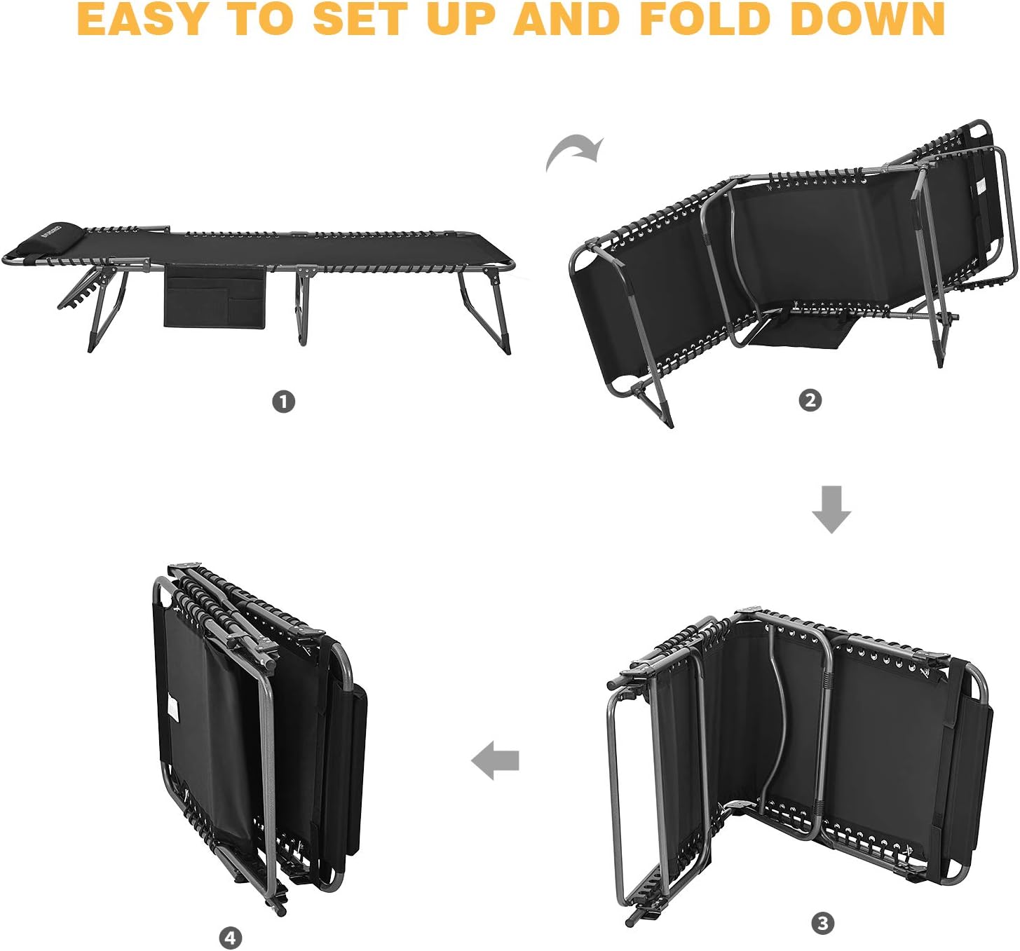 FUNDANGO Folding Chaise Lounge Chair for Outdoor, Lawn, Patio, Beach, Sunbathing, Deck, Lay Flat 4-Fold Portable Lightweight Heavy-Duty Adjustable Camping Reclining Chair with Pillow: Kitchen & Dining