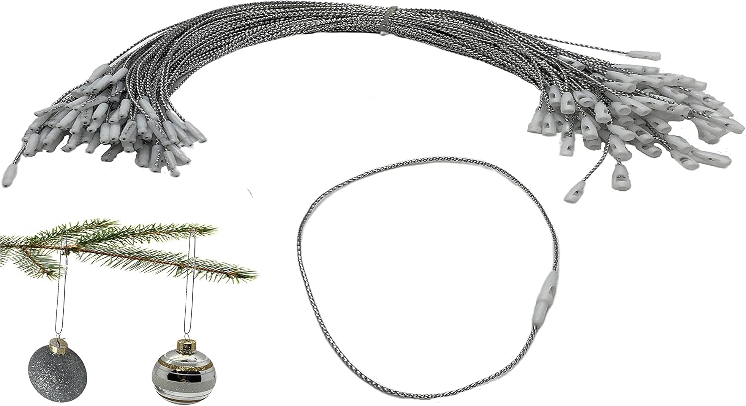 Ornament Hooks - 100 Pack Silver Metal Christmas Ornament Precut String Hangers with Snap Fastener (Nomad Brand)