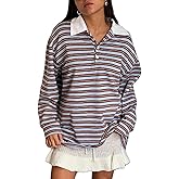 Morlaeley Women Striped Oversized Sweatshirt Color Block Rugby Polo Sweatshirts Vintage Long Sleeve Fall Pullover Tops