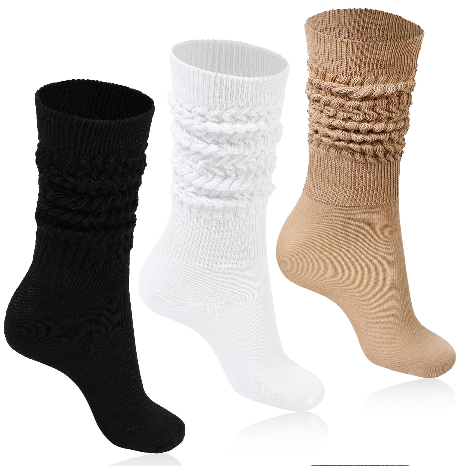 Photo 1 of Moon Wood Women Slouch Socks 3 Pairs Extra Long Cotton Knit Knee High Thick Scrunch Socks Size 5-11 (Black/White/Khaki)